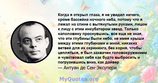 Когда я открыл глаза, я не увидел ничего, кроме бассейна ночного неба, потому что я лежал на спине с вытянутыми руками, лицом к лицу с этим инкубатором звезд. Только наполовину проснувшись, все еще не зная, что эти