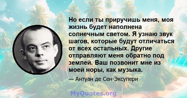 Но если ты приручишь меня, моя жизнь будет наполнена солнечным светом. Я узнаю звук шагов, которые будут отличаться от всех остальных. Другие отправляют меня обратно под землей. Ваш позвонит мне из моей норы, как музыка.