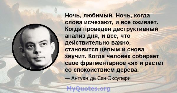 Ночь, любимый. Ночь, когда слова исчезают, и все оживает. Когда проведен деструктивный анализ дня, и все, что действительно важно, становится целым и снова звучит. Когда человек собирает свое фрагментарное «я» и растет