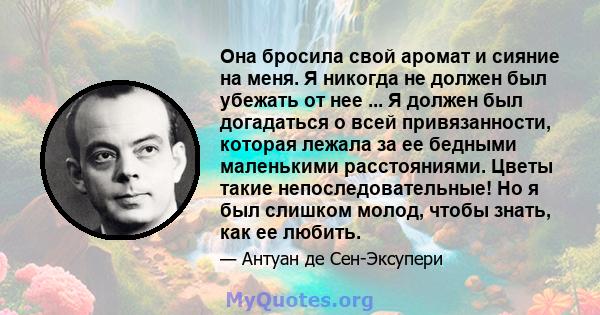 Она бросила свой аромат и сияние на меня. Я никогда не должен был убежать от нее ... Я должен был догадаться о всей привязанности, которая лежала за ее бедными маленькими расстояниями. Цветы такие непоследовательные! Но 