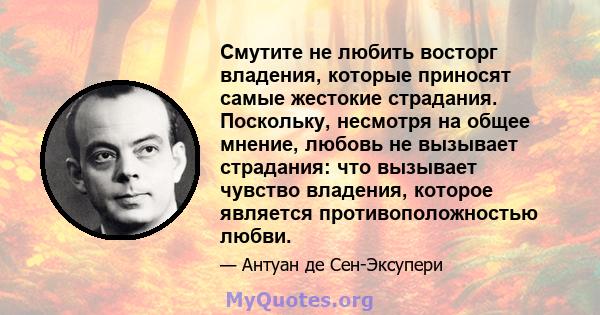 Смутите не любить восторг владения, которые приносят самые жестокие страдания. Поскольку, несмотря на общее мнение, любовь не вызывает страдания: что вызывает чувство владения, которое является противоположностью любви.