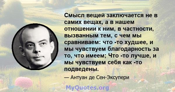 Смысл вещей заключается не в самих вещах, а в нашем отношении к ним, в частности, вызванным тем, с чем мы сравниваем: что -то худшее, и мы чувствуем благодарность за то, что имеем; Что -то лучше, и мы чувствуем себя как 