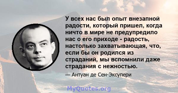 У всех нас был опыт внезапной радости, который пришел, когда ничто в мире не предупредило нас о его приходе - радость, настолько захватывающая, что, если бы он родился из страданий, мы вспомнили даже страдания с