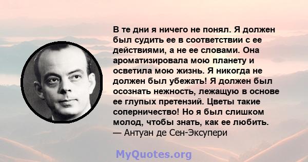 В те дни я ничего не понял. Я должен был судить ее в соответствии с ее действиями, а не ее словами. Она ароматизировала мою планету и осветила мою жизнь. Я никогда не должен был убежать! Я должен был осознать нежность,