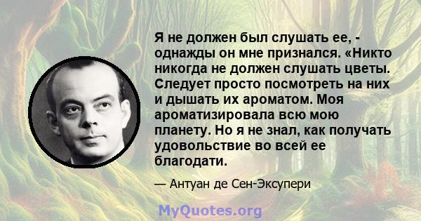 Я не должен был слушать ее, - однажды он мне признался. «Никто никогда не должен слушать цветы. Следует просто посмотреть на них и дышать их ароматом. Моя ароматизировала всю мою планету. Но я не знал, как получать