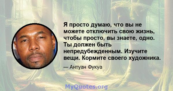 Я просто думаю, что вы не можете отключить свою жизнь, чтобы просто, вы знаете, одно. Ты должен быть непредубежденным. Изучите вещи. Кормите своего художника.