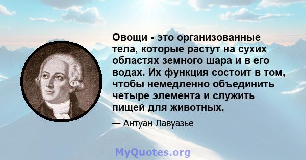 Овощи - это организованные тела, которые растут на сухих областях земного шара и в его водах. Их функция состоит в том, чтобы немедленно объединить четыре элемента и служить пищей для животных.