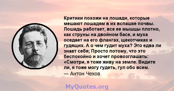 Критики похожи на лошади, которые мешают лошадям в их вспашке почвы. Лошадь работает, все ее мышцы плотно, как струны на двойном басе, и муха оседает на его флангах, щекотчиках и гудящих. А о чем гудит муха? Это едва ли 