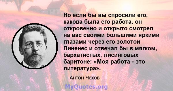 Но если бы вы спросили его, какова была его работа, он откровенно и открыто смотрел на вас своими большими яркими глазами через его золотой Пиненес и отвечал бы в мягком, бархатистых, лисинговых баритоне: «Моя работа -