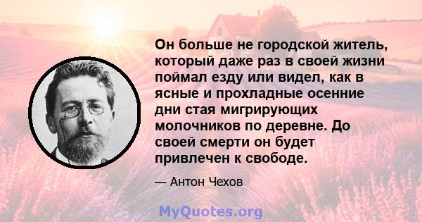 Он больше не городской житель, который даже раз в своей жизни поймал езду или видел, как в ясные и прохладные осенние дни стая мигрирующих молочников по деревне. До своей смерти он будет привлечен к свободе.