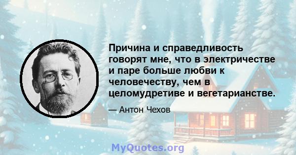 Причина и справедливость говорят мне, что в электричестве и паре больше любви к человечеству, чем в целомудретиве и вегетарианстве.