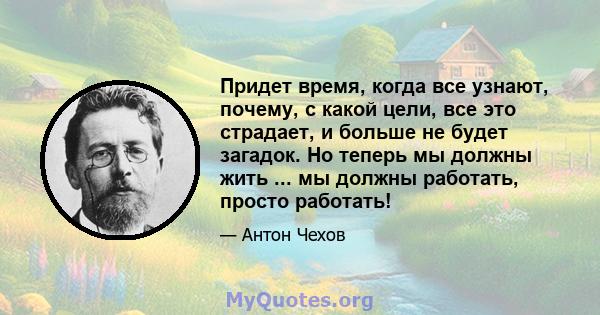 Придет время, когда все узнают, почему, с какой цели, все это страдает, и больше не будет загадок. Но теперь мы должны жить ... мы должны работать, просто работать!