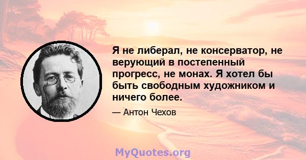 Я не либерал, не консерватор, не верующий в постепенный прогресс, не монах. Я хотел бы быть свободным художником и ничего более.