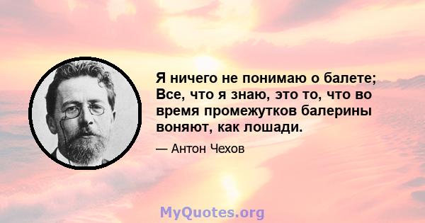 Я ничего не понимаю о балете; Все, что я знаю, это то, что во время промежутков балерины воняют, как лошади.