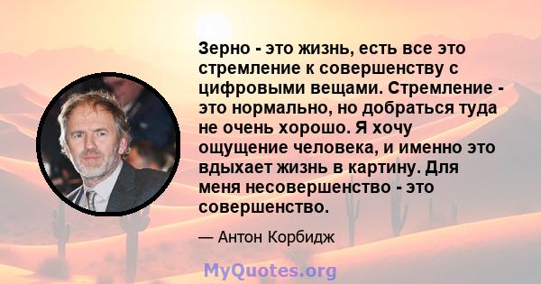 Зерно - это жизнь, есть все это стремление к совершенству с цифровыми вещами. Стремление - это нормально, но добраться туда не очень хорошо. Я хочу ощущение человека, и именно это вдыхает жизнь в картину. Для меня