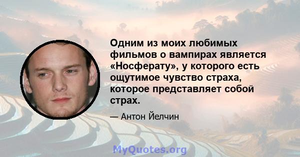 Одним из моих любимых фильмов о вампирах является «Носферату», у которого есть ощутимое чувство страха, которое представляет собой страх.