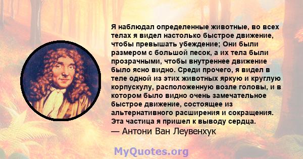 Я наблюдал определенные животные, во всех телах я видел настолько быстрое движение, чтобы превышать убеждение; Они были размером с большой песок, а их тела были прозрачными, чтобы внутреннее движение было ясно видно.