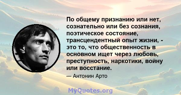 По общему признанию или нет, сознательно или без сознания, поэтическое состояние, трансцендентный опыт жизни, - это то, что общественность в основном ищет через любовь, преступность, наркотики, войну или восстание.