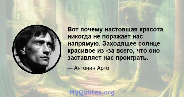 Вот почему настоящая красота никогда не поражает нас напрямую. Заходящее солнце красивое из -за всего, что оно заставляет нас проиграть.