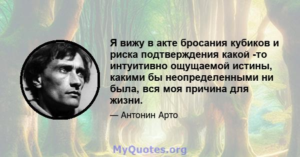 Я вижу в акте бросания кубиков и риска подтверждения какой -то интуитивно ощущаемой истины, какими бы неопределенными ни была, вся моя причина для жизни.