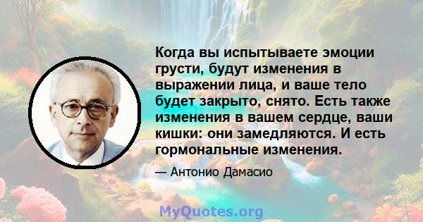 Когда вы испытываете эмоции грусти, будут изменения в выражении лица, и ваше тело будет закрыто, снято. Есть также изменения в вашем сердце, ваши кишки: они замедляются. И есть гормональные изменения.