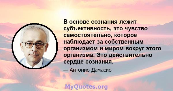 В основе сознания лежит субъективность, это чувство самостоятельно, которое наблюдает за собственным организмом и миром вокруг этого организма. Это действительно сердце сознания.