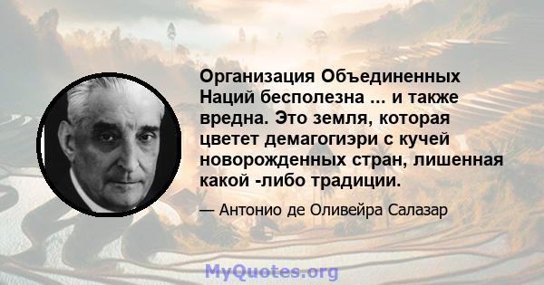 Организация Объединенных Наций бесполезна ... и также вредна. Это земля, которая цветет демагогиэри с кучей новорожденных стран, лишенная какой -либо традиции.