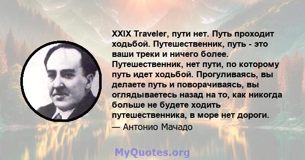 XXIX Traveler, пути нет. Путь проходит ходьбой. Путешественник, путь - это ваши треки и ничего более. Путешественник, нет пути, по которому путь идет ходьбой. Прогуливаясь, вы делаете путь и поворачиваясь, вы