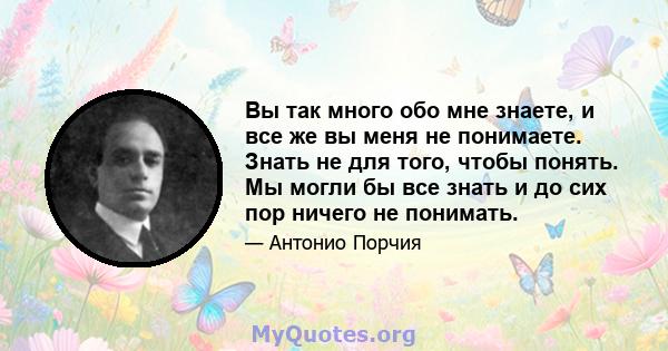 Вы так много обо мне знаете, и все же вы меня не понимаете. Знать не для того, чтобы понять. Мы могли бы все знать и до сих пор ничего не понимать.