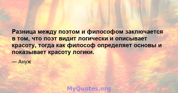 Разница между поэтом и философом заключается в том, что поэт видит логически и описывает красоту, тогда как философ определяет основы и показывает красоту логики.