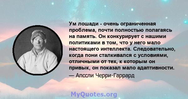 Ум лошади - очень ограниченная проблема, почти полностью полагаясь на память. Он конкурирует с нашими политиками в том, что у него мало настоящего интеллекта. Следовательно, когда пони сталкивался с условиями, отличными 