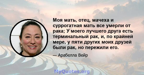 Моя мать, отец, мачеха и суррогатная мать все умерли от рака; У моего лучшего друга есть терминальный рак, и, по крайней мере, у пяти других моих друзей были рак, но пережили его.