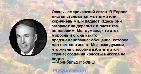 Осень - американский сезон. В Европе листья становятся желтыми или коричневыми, и падают. Здесь они загорают на деревьях и висят там пылающим. Мы думаем, что этот морозный огонь как-то предзнаменование: обещание,