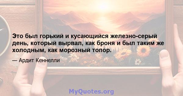 Это был горький и кусающийся железно-серый день, который вырвал, как броня и был таким же холодным, как морозный топор.