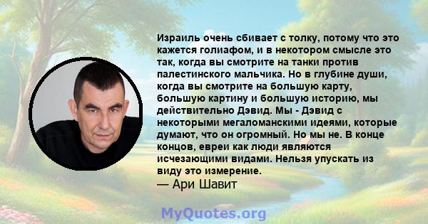 Израиль очень сбивает с толку, потому что это кажется голиафом, и в некотором смысле это так, когда вы смотрите на танки против палестинского мальчика. Но в глубине души, когда вы смотрите на большую карту, большую