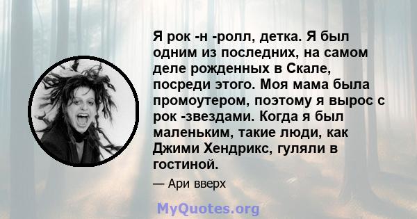 Я рок -н -ролл, детка. Я был одним из последних, на самом деле рожденных в Скале, посреди этого. Моя мама была промоутером, поэтому я вырос с рок -звездами. Когда я был маленьким, такие люди, как Джими Хендрикс, гуляли