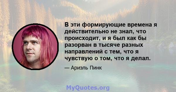 В эти формирующие времена я действительно не знал, что происходит, и я был как бы разорван в тысяче разных направлений с тем, что я чувствую о том, что я делал.