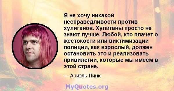 Я не хочу никакой несправедливости против хулиганов. Хулиганы просто не знают лучше. Любой, кто плачет о жестокости или виктимизации полиции, как взрослый, должен остановить это и реализовать привилегии, которые мы