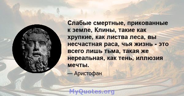 Слабые смертные, прикованные к земле, Клины, такие как хрупкие, как листва леса, вы несчастная раса, чья жизнь - это всего лишь тьма, такая же нереальная, как тень, иллюзия мечты.