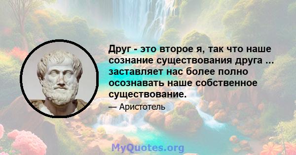 Друг - это второе я, так что наше сознание существования друга ... заставляет нас более полно осознавать наше собственное существование.