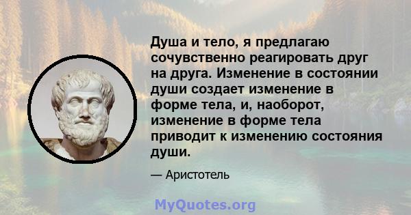 Душа и тело, я предлагаю сочувственно реагировать друг на друга. Изменение в состоянии души создает изменение в форме тела, и, наоборот, изменение в форме тела приводит к изменению состояния души.