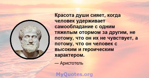 Красота души сияет, когда человек удерживает самообладание с одним тяжелым отормом за другим, не потому, что он их не чувствует, а потому, что он человек с высоким и героическим характером.