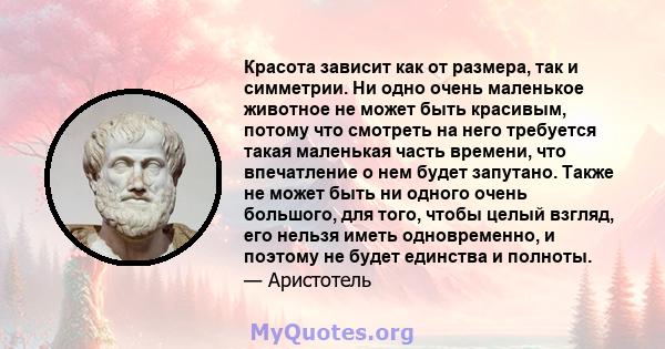 Красота зависит как от размера, так и симметрии. Ни одно очень маленькое животное не может быть красивым, потому что смотреть на него требуется такая маленькая часть времени, что впечатление о нем будет запутано. Также