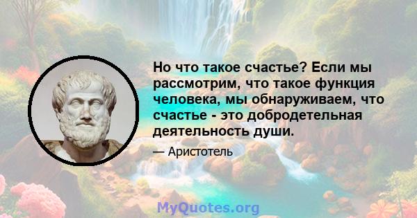 Но что такое счастье? Если мы рассмотрим, что такое функция человека, мы обнаруживаем, что счастье - это добродетельная деятельность души.