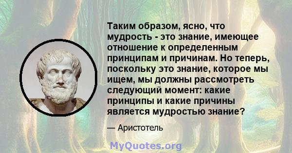 Таким образом, ясно, что мудрость - это знание, имеющее отношение к определенным принципам и причинам. Но теперь, поскольку это знание, которое мы ищем, мы должны рассмотреть следующий момент: какие принципы и какие