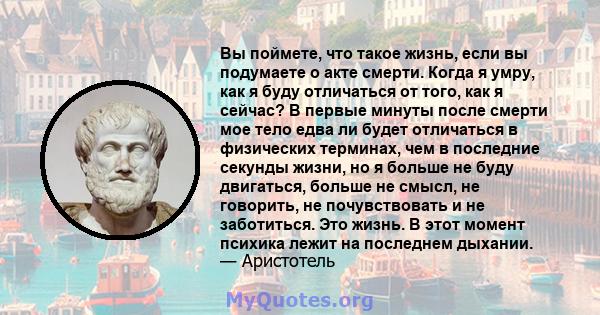 Вы поймете, что такое жизнь, если вы подумаете о акте смерти. Когда я умру, как я буду отличаться от того, как я сейчас? В первые минуты после смерти мое тело едва ли будет отличаться в физических терминах, чем в