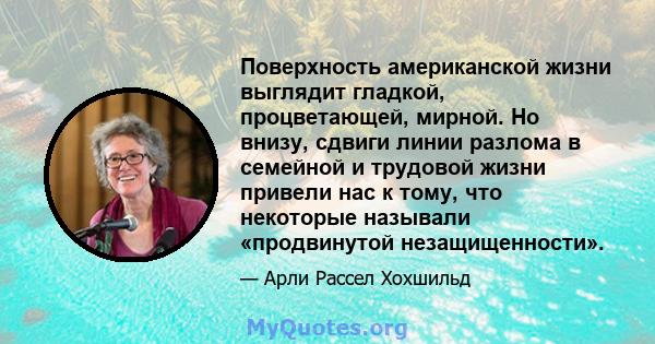 Поверхность американской жизни выглядит гладкой, процветающей, мирной. Но внизу, сдвиги линии разлома в семейной и трудовой жизни привели нас к тому, что некоторые называли «продвинутой незащищенности».