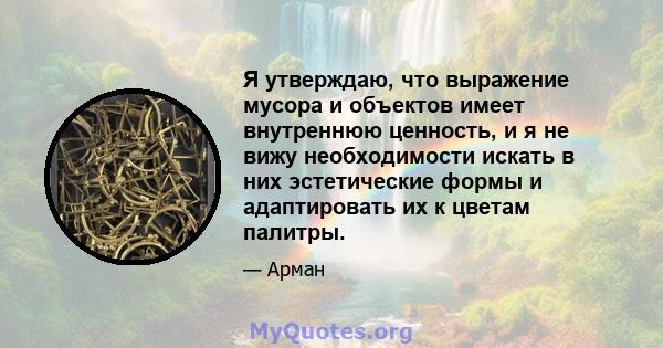 Я утверждаю, что выражение мусора и объектов имеет внутреннюю ценность, и я не вижу необходимости искать в них эстетические формы и адаптировать их к цветам палитры.