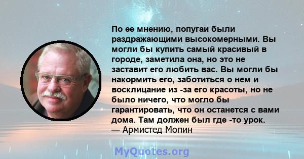 По ее мнению, попугаи были раздражающими высокомерными. Вы могли бы купить самый красивый в городе, заметила она, но это не заставит его любить вас. Вы могли бы накормить его, заботиться о нем и восклицание из -за его