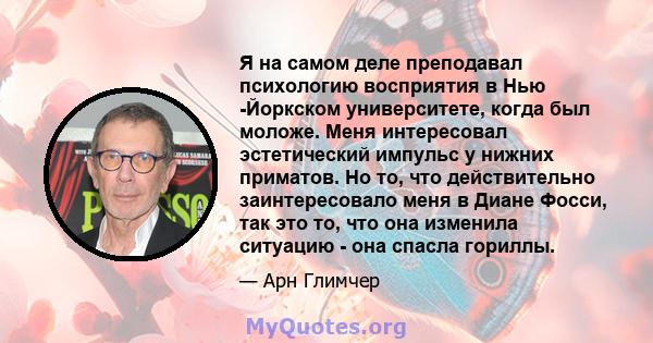 Я на самом деле преподавал психологию восприятия в Нью -Йоркском университете, когда был моложе. Меня интересовал эстетический импульс у нижних приматов. Но то, что действительно заинтересовало меня в Диане Фосси, так